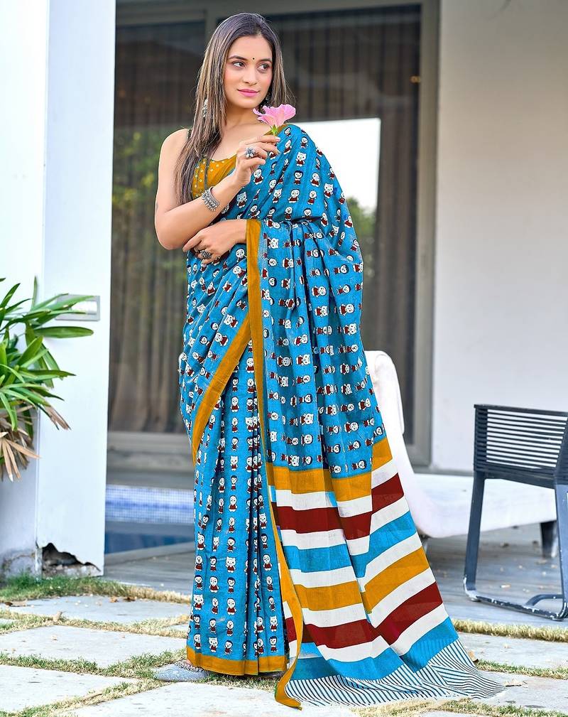 Sky blue block print soft pure cotton saree with blouse.