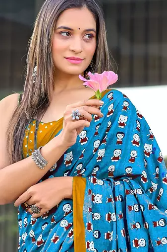 Sky blue block print soft pure cotton saree with blouse.