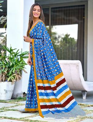 Sky blue block print soft pure cotton saree with blouse. 3