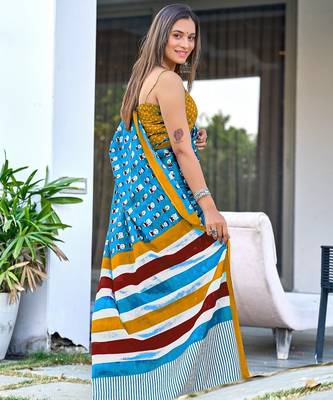 Sky blue block print soft pure cotton saree with blouse. 4