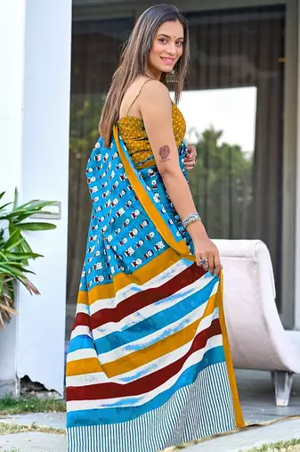 Sky blue block print soft pure cotton saree with blouse.