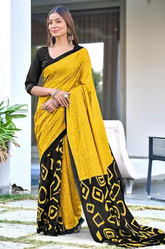 Mustard block print soft pure cotton saree with blouse.