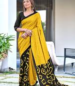 Mustard block print soft pure cotton saree with blouse.