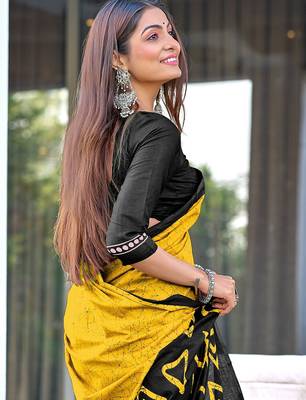 Mustard block print soft pure cotton saree with blouse. 2