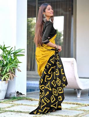 Mustard block print soft pure cotton saree with blouse. 4