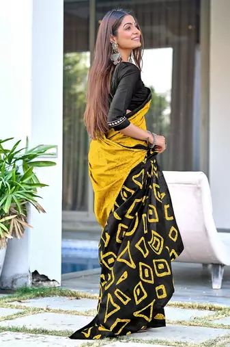 Mustard block print soft pure cotton saree with blouse.