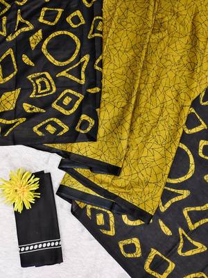 Mustard block print soft pure cotton saree with blouse. 5