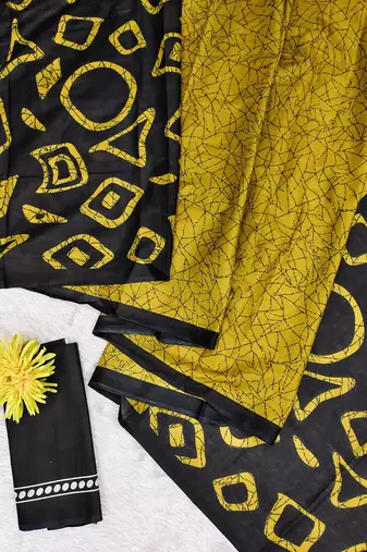 Mustard block print soft pure cotton saree with blouse.