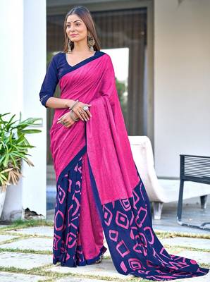 Pink block print soft pure cotton saree with blouse. 1