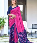 Pink block print soft pure cotton saree with blouse.