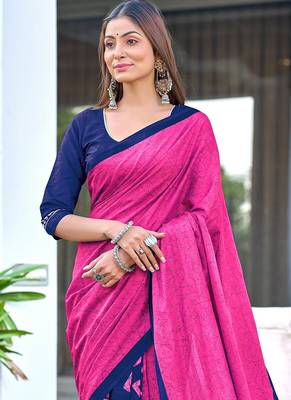 Pink block print soft pure cotton saree with blouse. 2