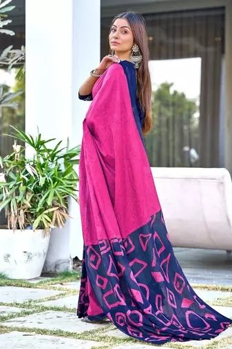 Pink block print soft pure cotton saree with blouse.