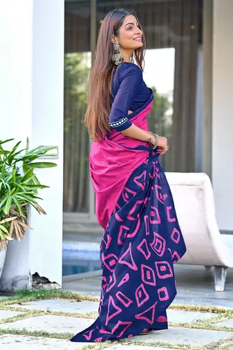 Pink block print soft pure cotton saree with blouse.