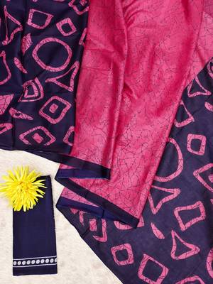 Pink block print soft pure cotton saree with blouse. 5