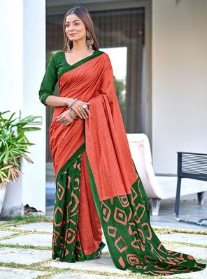 Rust block print soft pure cotton saree with blouse. 1