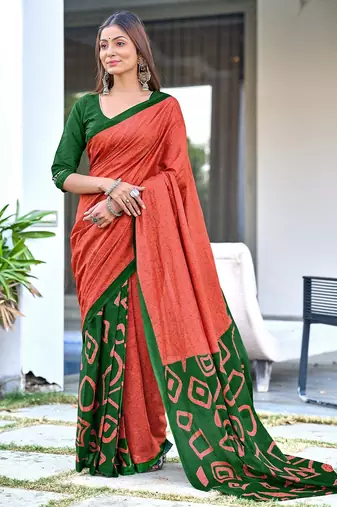 Rust block print soft pure cotton saree with blouse.