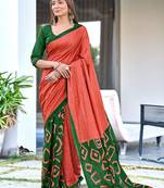 Rust block print soft pure cotton saree with blouse.