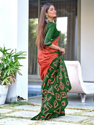 Rust block print soft pure cotton saree with blouse. 4