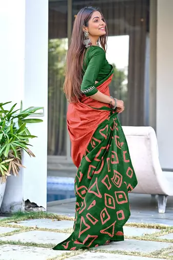 Rust block print soft pure cotton saree with blouse.