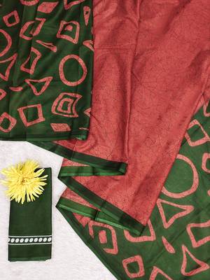 Rust block print soft pure cotton saree with blouse. 5