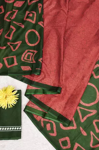 Rust block print soft pure cotton saree with blouse.