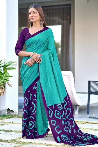 Teal blue block print soft pure cotton saree with blouse.