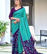 Teal blue block print soft pure cotton saree with blouse.