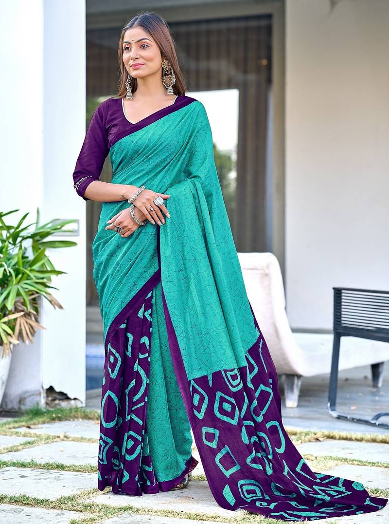 Teal blue block print soft pure cotton saree with blouse.