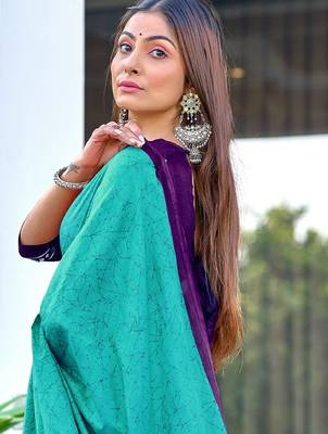 Teal blue block print soft pure cotton saree with blouse. 2