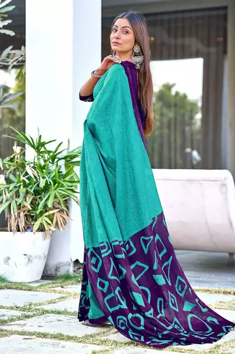 Teal blue block print soft pure cotton saree with blouse.