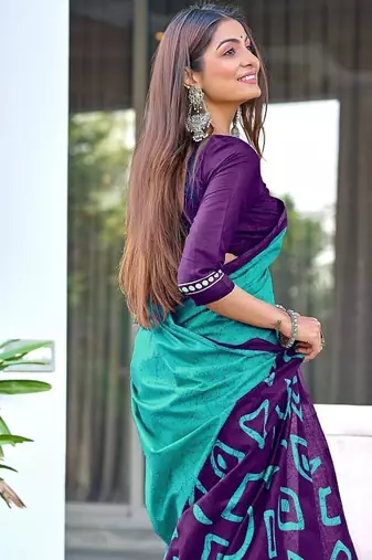 Teal blue block print soft pure cotton saree with blouse.