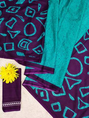 Teal blue block print soft pure cotton saree with blouse. 5