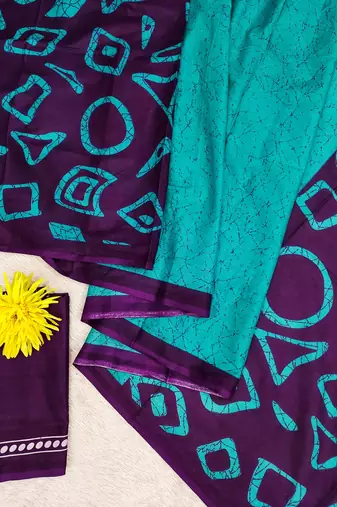 Teal blue block print soft pure cotton saree with blouse.