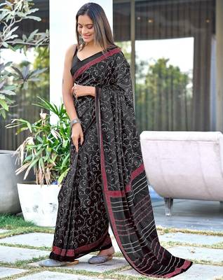 Black block print soft pure cotton saree with blouse. 1