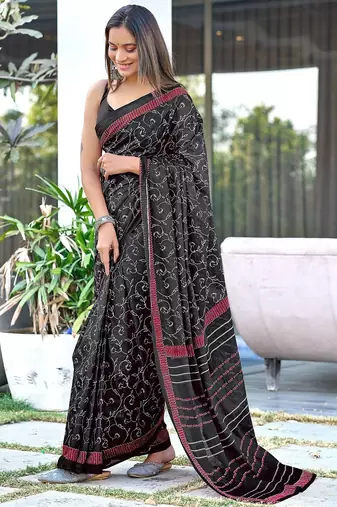 Black block print soft pure cotton saree with blouse.