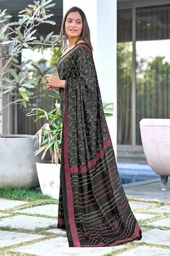 Black block print soft pure cotton saree with blouse.