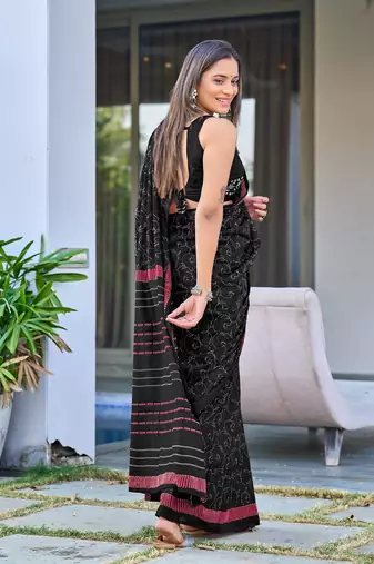 Black block print soft pure cotton saree with blouse.