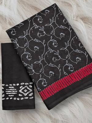 Black block print soft pure cotton saree with blouse. 5