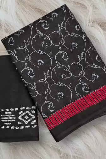 Black block print soft pure cotton saree with blouse.