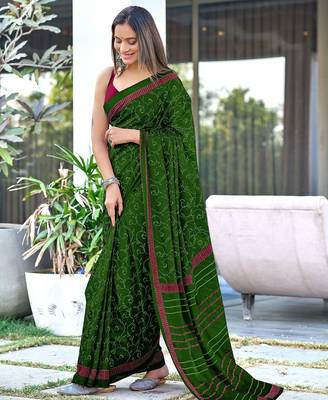 Green block print soft pure cotton saree with blouse. 1