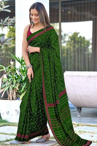 Green block print soft pure cotton saree with blouse.
