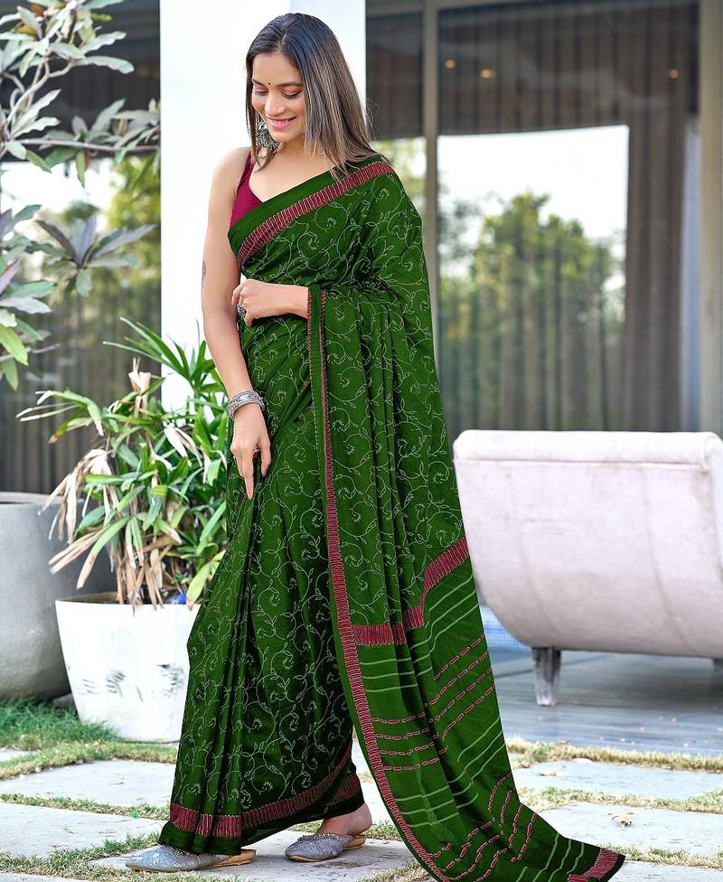 Green block print soft pure cotton saree with blouse.
