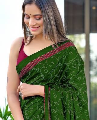 Green block print soft pure cotton saree with blouse. 2
