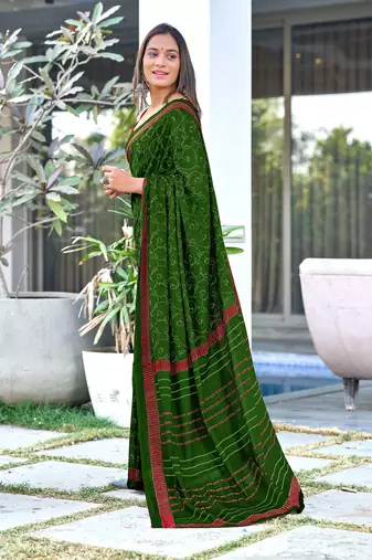 Green block print soft pure cotton saree with blouse.