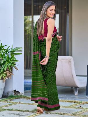 Green block print soft pure cotton saree with blouse. 4