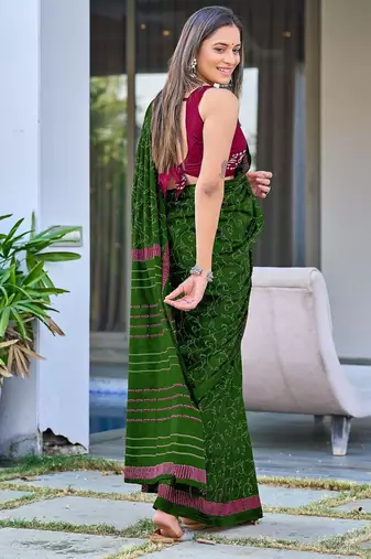 Green block print soft pure cotton saree with blouse.