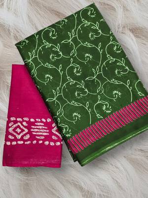 Green block print soft pure cotton saree with blouse. 5