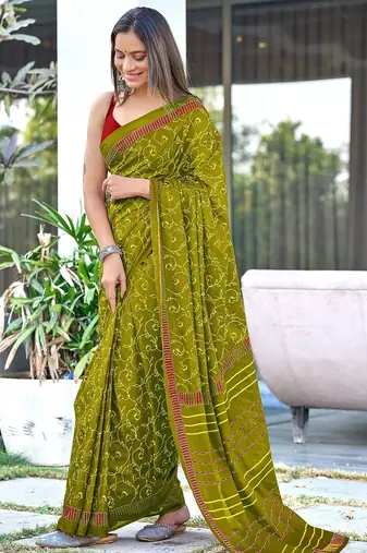 Mehendi block print soft pure cotton saree with blouse.