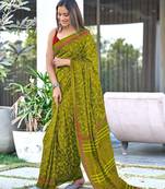 Mehendi block print soft pure cotton saree with blouse.