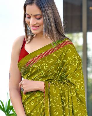 Mehendi block print soft pure cotton saree with blouse. 2